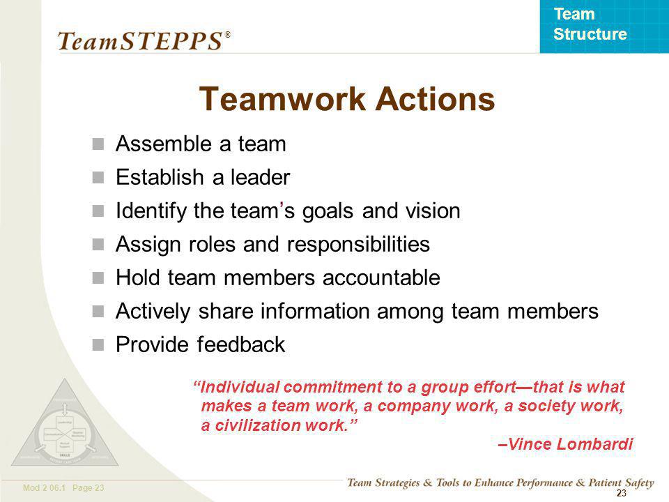 T EAM STEPPS 05.2 Mod Page 23 Team Structure ® 23 Teamwork Actions Assemble a team Establish a leader Identify the team’s goals and vision Assign roles and responsibilities Hold team members accountable Actively share information among team members Provide feedback Individual commitment to a group effort—that is what makes a team work, a company work, a society work, a civilization work. –Vince Lombardi