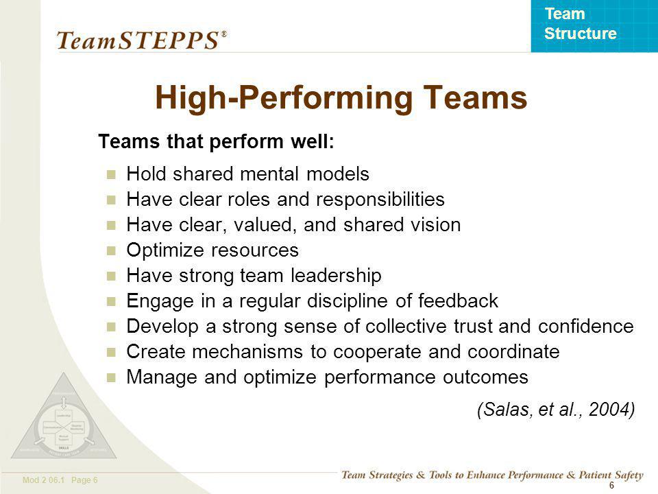 T EAM STEPPS 05.2 Mod Page 6 Team Structure ® 6 High-Performing Teams Teams that perform well: Hold shared mental models Have clear roles and responsibilities Have clear, valued, and shared vision Optimize resources Have strong team leadership Engage in a regular discipline of feedback Develop a strong sense of collective trust and confidence Create mechanisms to cooperate and coordinate Manage and optimize performance outcomes (Salas, et al., 2004)