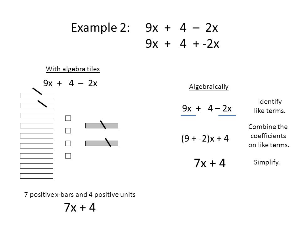 Example 2: 9x + 4 – 2x 9x x Algebraically 9x + 4 – 2x Identify like terms.