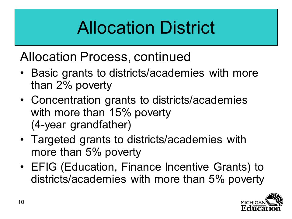10 Allocation District Allocation Process, continued Basic grants to districts/academies with more than 2% poverty Concentration grants to districts/academies with more than 15% poverty (4-year grandfather) Targeted grants to districts/academies with more than 5% poverty EFIG (Education, Finance Incentive Grants) to districts/academies with more than 5% poverty