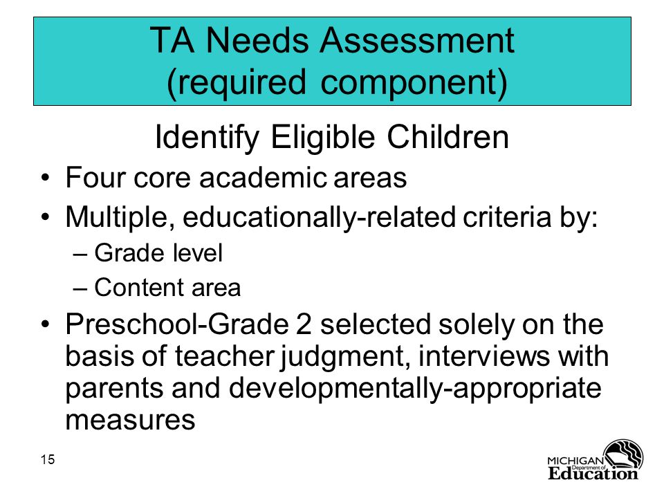 15 TA Needs Assessment (required component) Identify Eligible Children Four core academic areas Multiple, educationally-related criteria by: –Grade level –Content area Preschool-Grade 2 selected solely on the basis of teacher judgment, interviews with parents and developmentally-appropriate measures