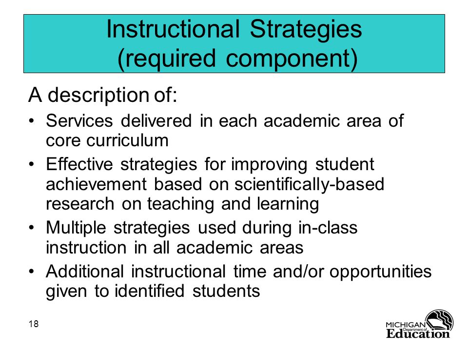 18 Instructional Strategies (required component) A description of: Services delivered in each academic area of core curriculum Effective strategies for improving student achievement based on scientifically-based research on teaching and learning Multiple strategies used during in-class instruction in all academic areas Additional instructional time and/or opportunities given to identified students