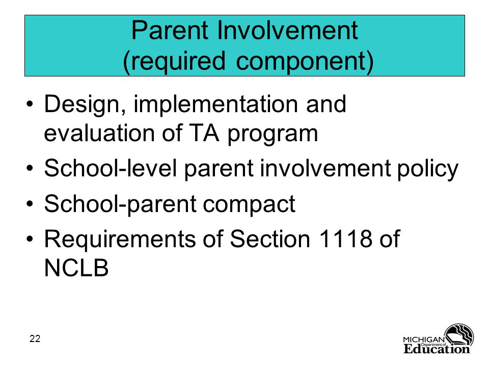 22 Parent Involvement (required component) Design, implementation and evaluation of TA program School-level parent involvement policy School-parent compact Requirements of Section 1118 of NCLB