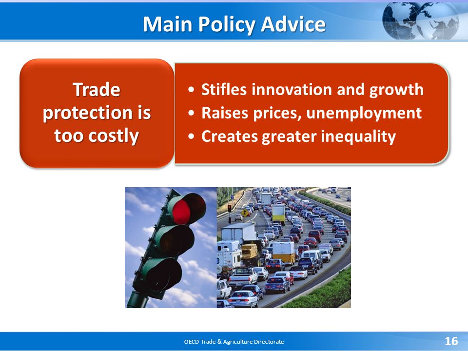 OECD Trade & Agriculture Directorate 16 Main Policy Advice Stifles innovation and growth Raises prices, unemployment Creates greater inequality Trade protection is too costly