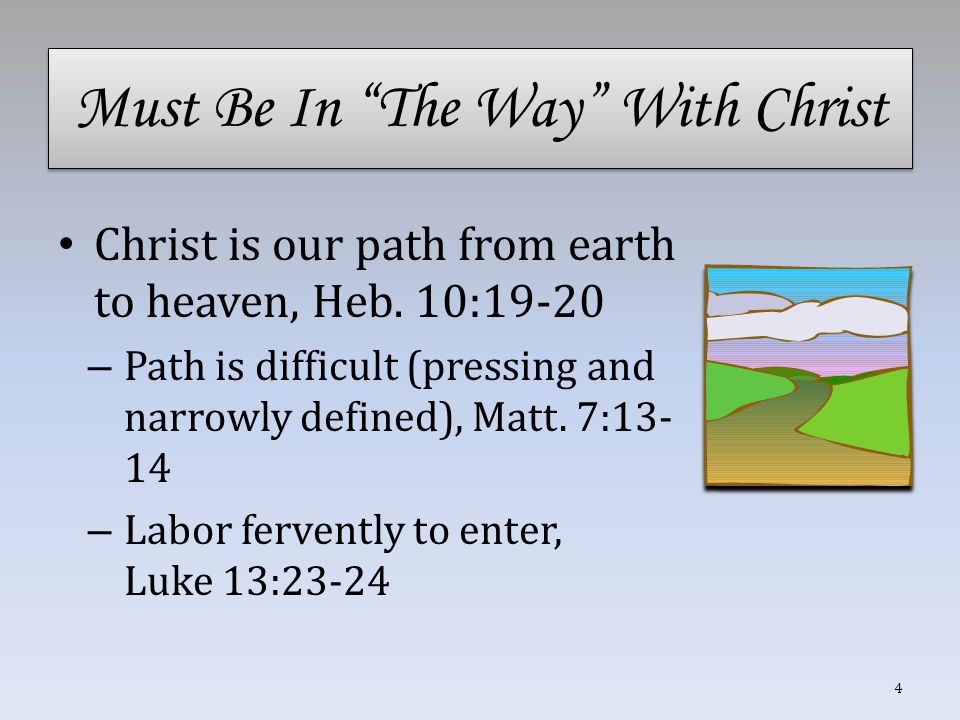 Must Be In The Way With Christ Christ is our path from earth to heaven, Heb.