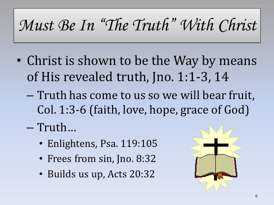 Must Be In The Truth With Christ Christ is shown to be the Way by means of His revealed truth, Jno.