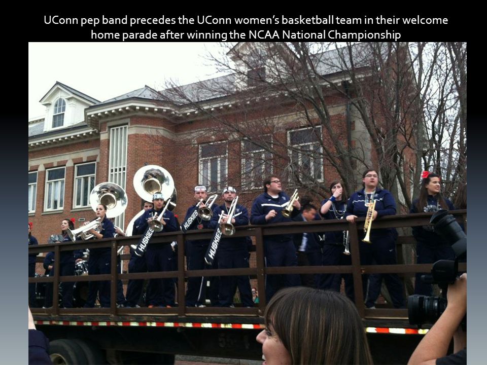 UConn pep band precedes the UConn women’s basketball team in their welcome home parade after winning the NCAA National Championship
