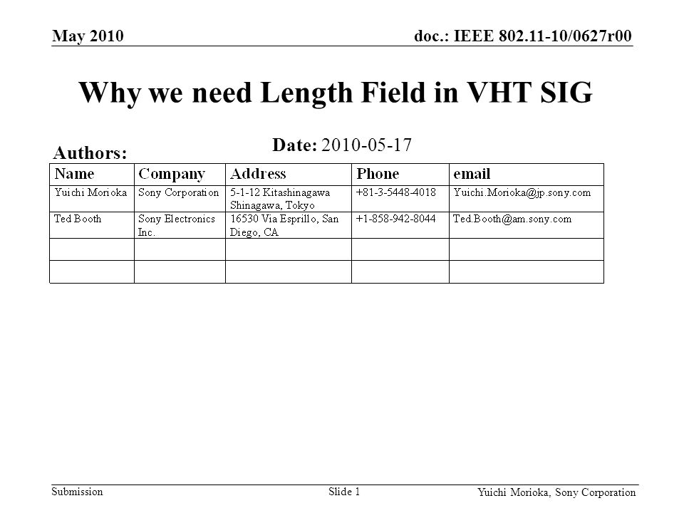doc.: IEEE /0627r00 Submission Yuichi Morioka, Sony Corporation Date: Why we need Length Field in VHT SIG May 2010 Slide 1 Authors:
