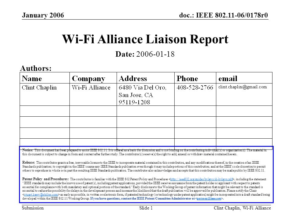 doc.: IEEE /0178r0 Submission January 2006 Clint Chaplin, Wi-Fi AllianceSlide 1 Wi-Fi Alliance Liaison Report Notice: This document has been prepared to assist IEEE