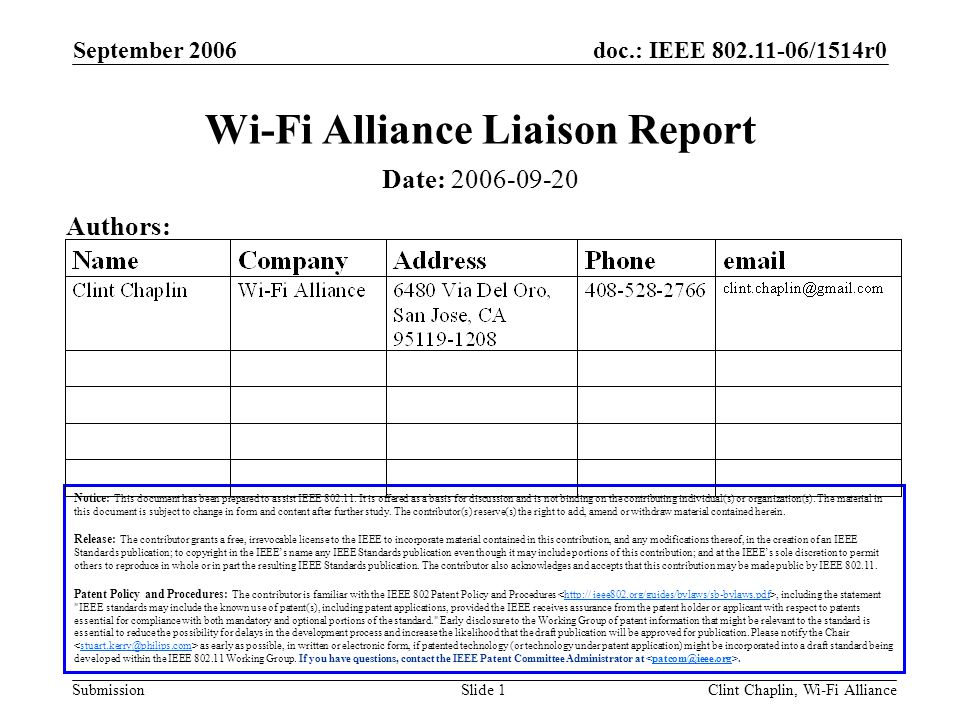 doc.: IEEE /1514r0 Submission September 2006 Clint Chaplin, Wi-Fi AllianceSlide 1 Wi-Fi Alliance Liaison Report Notice: This document has been prepared to assist IEEE