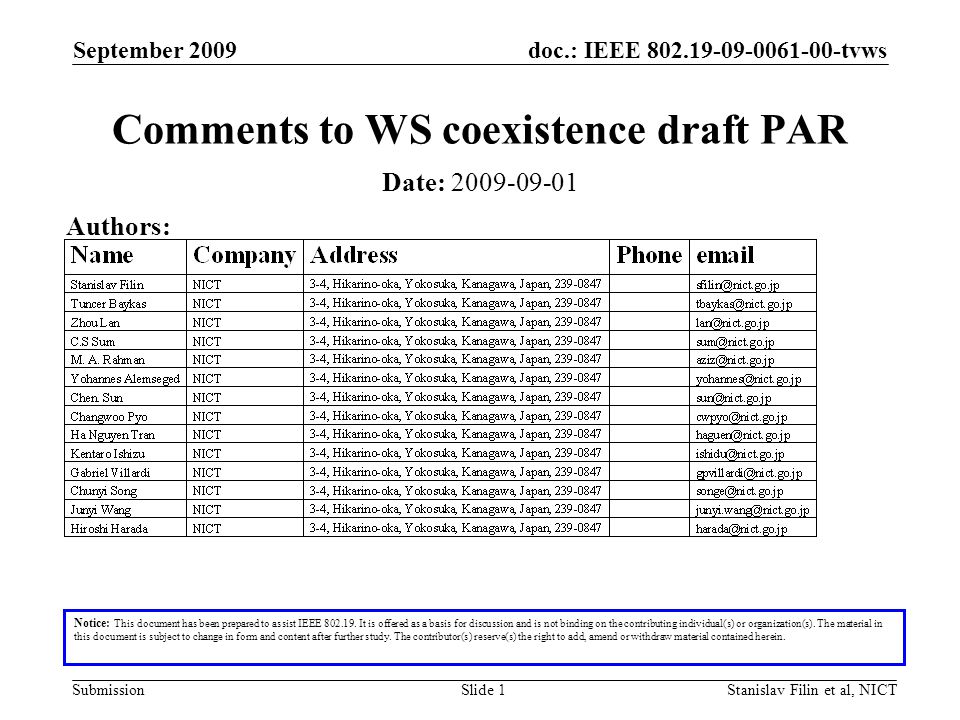 doc.: IEEE tvws Submission September 2009 Stanislav Filin et al, NICTSlide 1 Comments to WS coexistence draft PAR Notice: This document has been prepared to assist IEEE