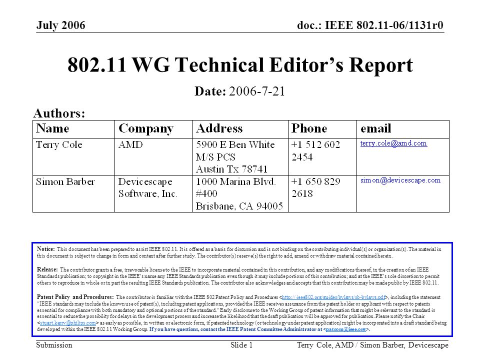 doc.: IEEE /1131r0 Submission July 2006 Terry Cole, AMD / Simon Barber, DevicescapeSlide WG Technical Editor’s Report Notice: This document has been prepared to assist IEEE