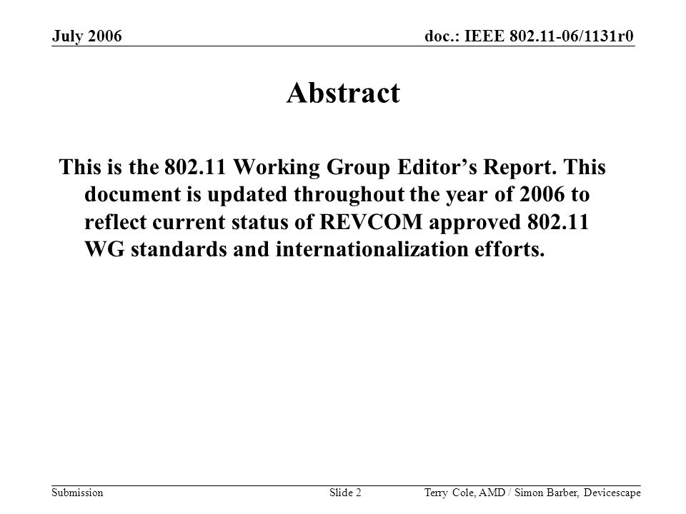 doc.: IEEE /1131r0 Submission July 2006 Terry Cole, AMD / Simon Barber, DevicescapeSlide 2 Abstract This is the Working Group Editor’s Report.