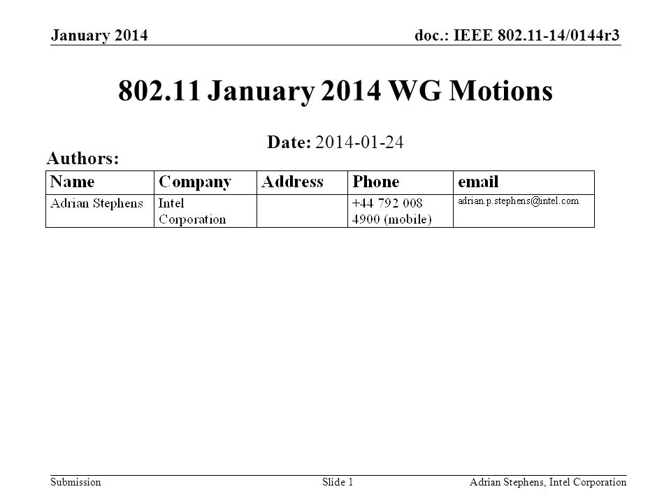 doc.: IEEE /0144r3 Submission January 2014 Adrian Stephens, Intel CorporationSlide January 2014 WG Motions Date: Authors:
