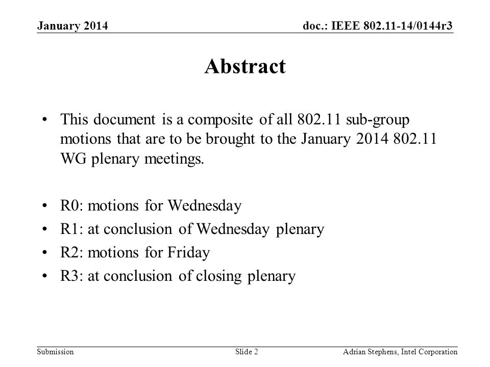 doc.: IEEE /0144r3 Submission January 2014 Adrian Stephens, Intel CorporationSlide 2 Abstract This document is a composite of all sub-group motions that are to be brought to the January WG plenary meetings.