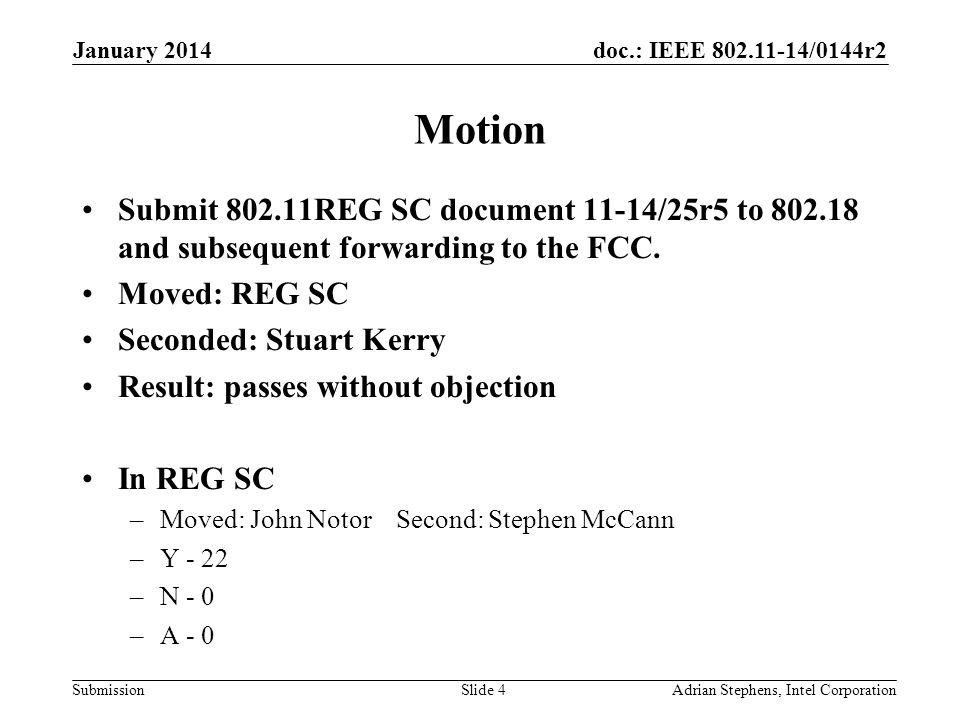 doc.: IEEE /0144r2 Submission Motion Submit REG SC document 11-14/25r5 to and subsequent forwarding to the FCC.