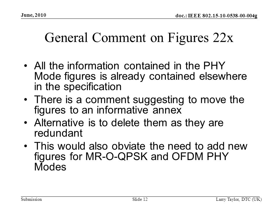 doc.: IEEE g Submission June, 2010 Larry Taylor, DTC (UK)Slide 12 General Comment on Figures 22x All the information contained in the PHY Mode figures is already contained elsewhere in the specification There is a comment suggesting to move the figures to an informative annex Alternative is to delete them as they are redundant This would also obviate the need to add new figures for MR-O-QPSK and OFDM PHY Modes