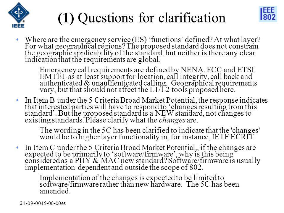 es (1) Questions for clarification Where are the emergency service (ES) ‘functions’ defined.