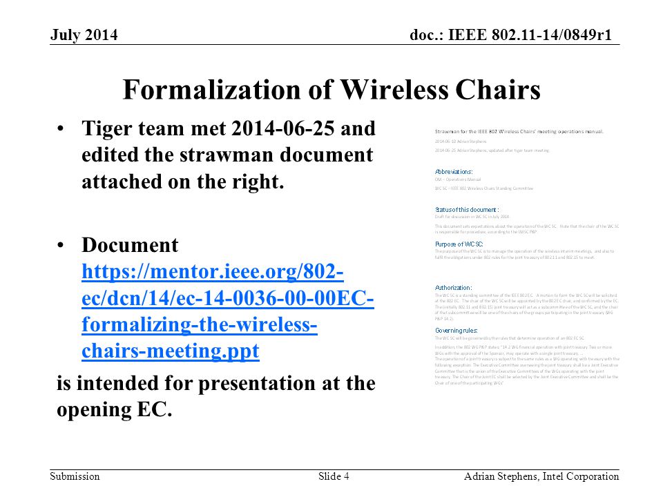 doc.: IEEE /0849r1 Submission Formalization of Wireless Chairs Tiger team met and edited the strawman document attached on the right.