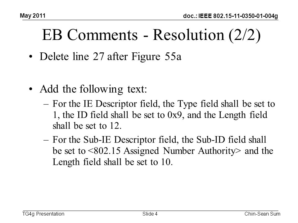 doc.: IEEE g TG4g Presentation EB Comments - Resolution (2/2) Delete line 27 after Figure 55a Add the following text: –For the IE Descriptor field, the Type field shall be set to 1, the ID field shall be set to 0x9, and the Length field shall be set to 12.