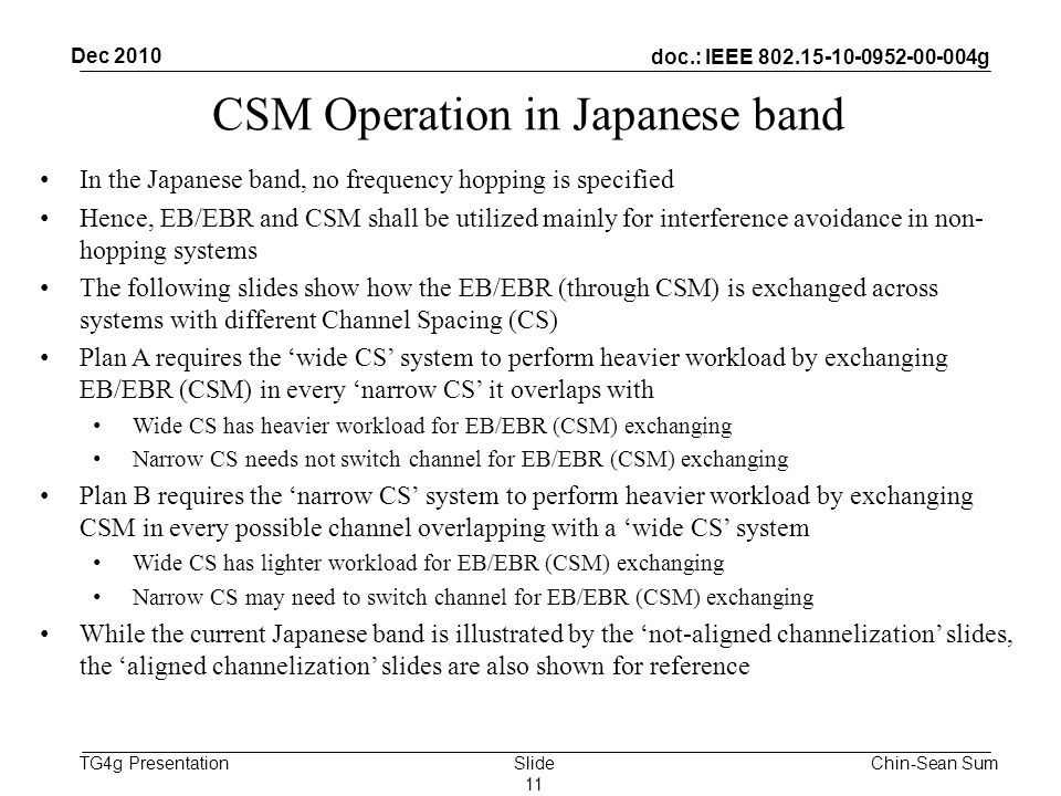 doc.: IEEE g TG4g Presentation CSM Operation in Japanese band In the Japanese band, no frequency hopping is specified Hence, EB/EBR and CSM shall be utilized mainly for interference avoidance in non- hopping systems The following slides show how the EB/EBR (through CSM) is exchanged across systems with different Channel Spacing (CS) Plan A requires the ‘wide CS’ system to perform heavier workload by exchanging EB/EBR (CSM) in every ‘narrow CS’ it overlaps with Wide CS has heavier workload for EB/EBR (CSM) exchanging Narrow CS needs not switch channel for EB/EBR (CSM) exchanging Plan B requires the ‘narrow CS’ system to perform heavier workload by exchanging CSM in every possible channel overlapping with a ‘wide CS’ system Wide CS has lighter workload for EB/EBR (CSM) exchanging Narrow CS may need to switch channel for EB/EBR (CSM) exchanging While the current Japanese band is illustrated by the ‘not-aligned channelization’ slides, the ‘aligned channelization’ slides are also shown for reference Chin-Sean Sum Dec 2010 Slide 11