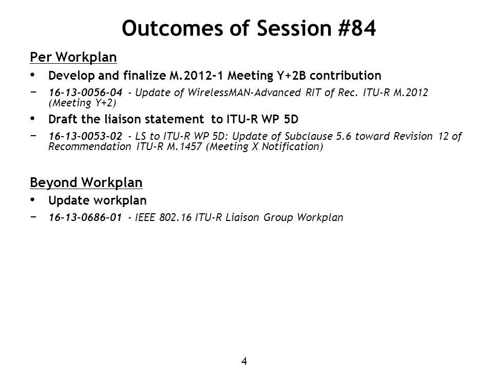 4 Outcomes of Session #84 Per Workplan Develop and finalize M Meeting Y+2B contribution − Update of WirelessMAN-Advanced RIT of Rec.