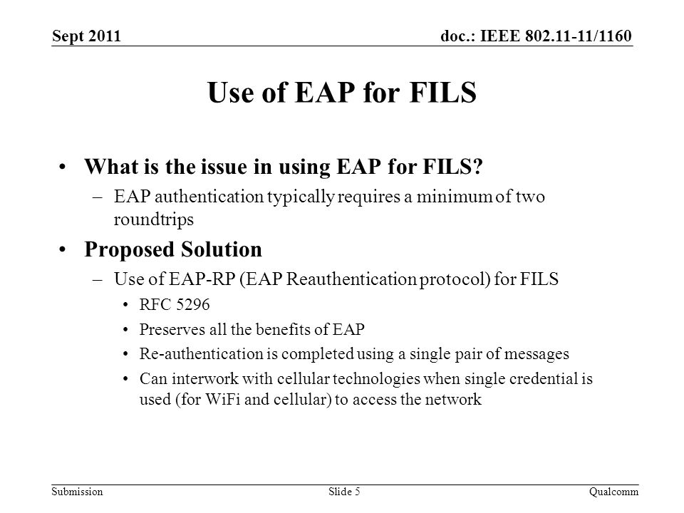 doc.: IEEE /1160 Submission Use of EAP for FILS What is the issue in using EAP for FILS.