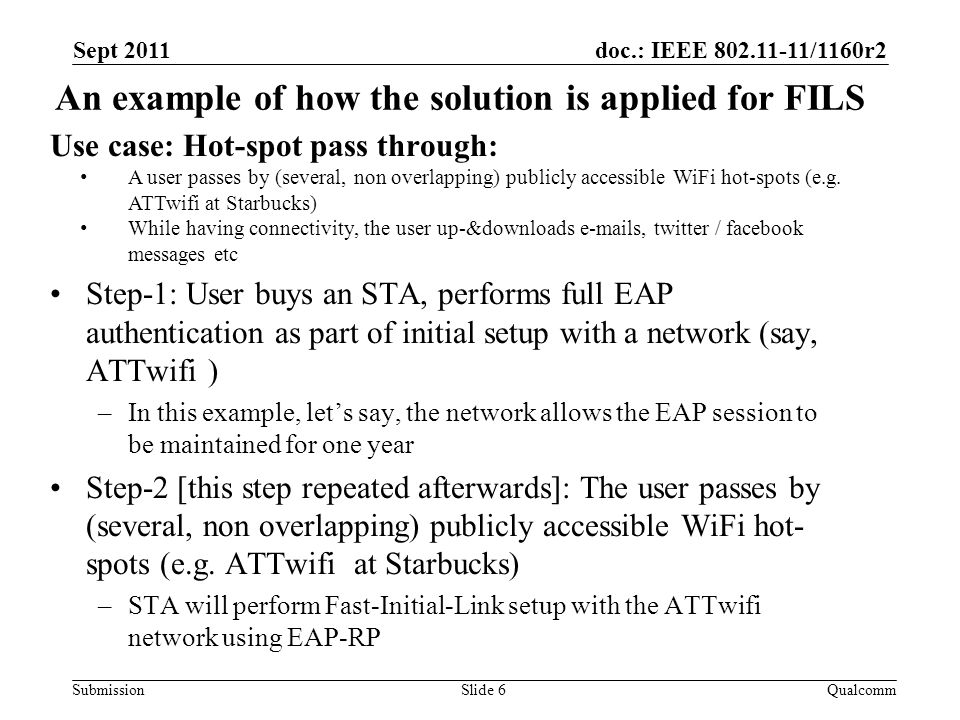 doc.: IEEE /1160r2 Submission An example of how the solution is applied for FILS Sept 2011 QualcommSlide 6 Use case: Hot-spot pass through: A user passes by (several, non overlapping) publicly accessible WiFi hot-spots (e.g.