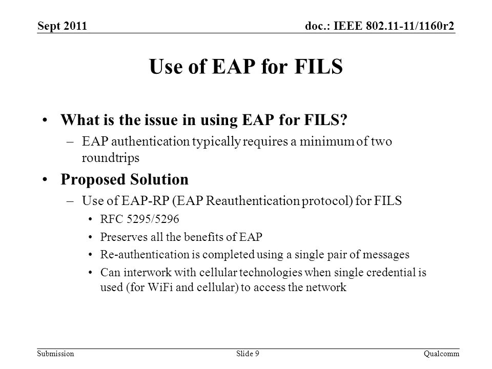 doc.: IEEE /1160r2 Submission Use of EAP for FILS What is the issue in using EAP for FILS.