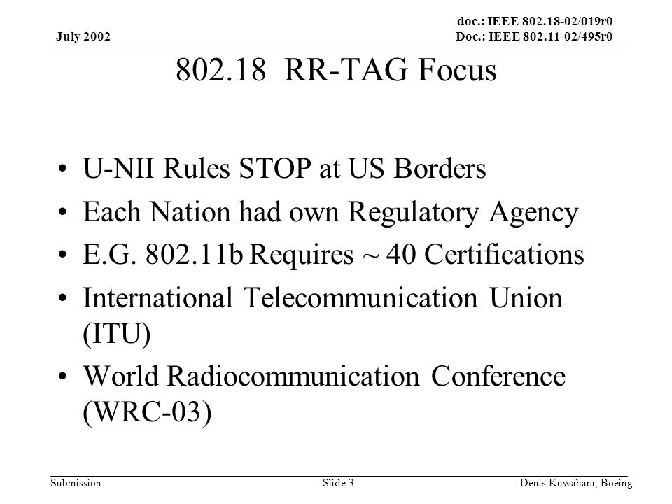 doc.: IEEE /019r0 Doc.: IEEE /495r0 Submission July 2002 Denis Kuwahara, BoeingSlide RR-TAG Focus U-NII Rules STOP at US Borders Each Nation had own Regulatory Agency E.G.
