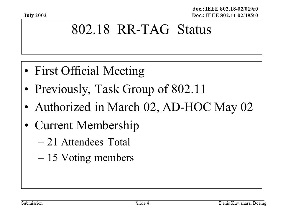 doc.: IEEE /019r0 Doc.: IEEE /495r0 Submission July 2002 Denis Kuwahara, BoeingSlide RR-TAG Status First Official Meeting Previously, Task Group of Authorized in March 02, AD-HOC May 02 Current Membership –21 Attendees Total –15 Voting members