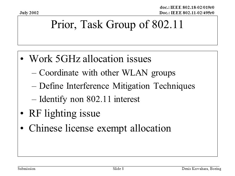 doc.: IEEE /019r0 Doc.: IEEE /495r0 Submission July 2002 Denis Kuwahara, BoeingSlide 8 Prior, Task Group of Work 5GHz allocation issues –Coordinate with other WLAN groups –Define Interference Mitigation Techniques –Identify non interest RF lighting issue Chinese license exempt allocation