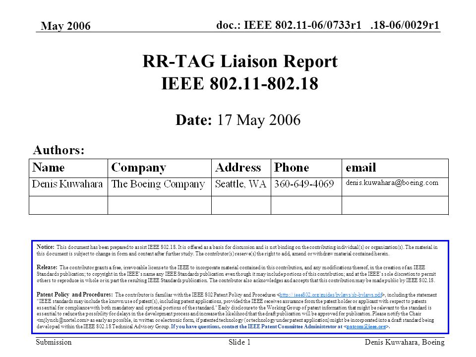 doc.: IEEE /0733r /0029r1 Submission May 2006 Denis Kuwahara, BoeingSlide 1 RR-TAG Liaison Report IEEE Notice: This document has been prepared to assist IEEE