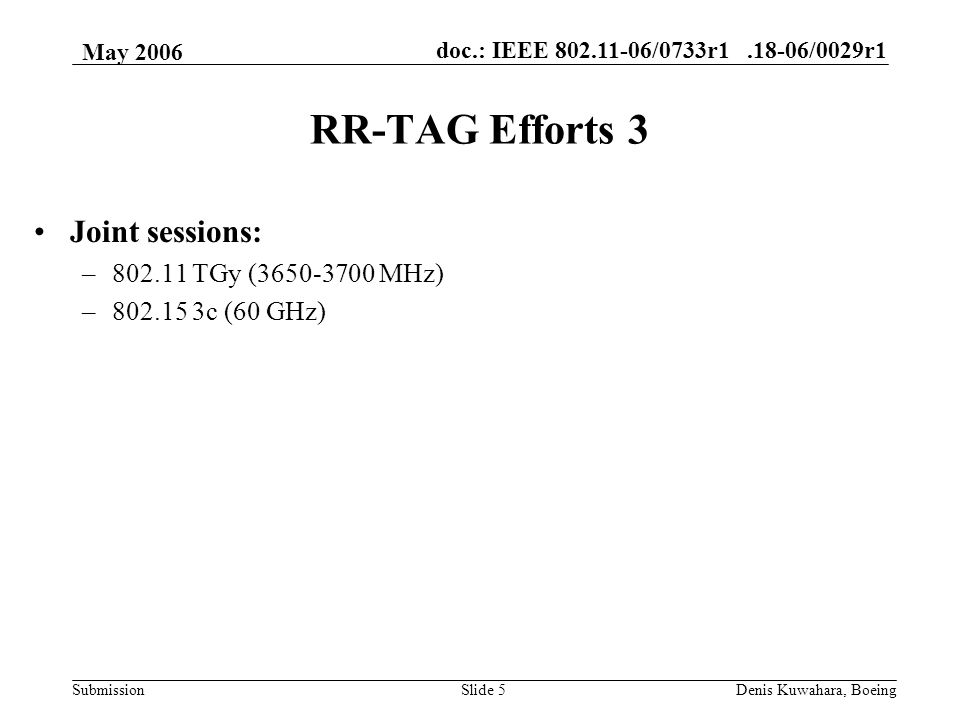 doc.: IEEE /0733r /0029r1 Submission May 2006 Denis Kuwahara, BoeingSlide 5 RR-TAG Efforts 3 Joint sessions: – TGy ( MHz) – c (60 GHz)
