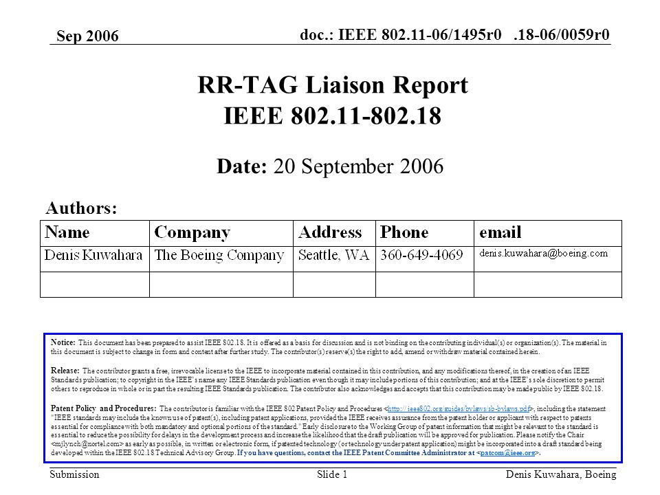 doc.: IEEE /1495r /0059r0 Submission Sep 2006 Denis Kuwahara, BoeingSlide 1 RR-TAG Liaison Report IEEE Notice: This document has been prepared to assist IEEE