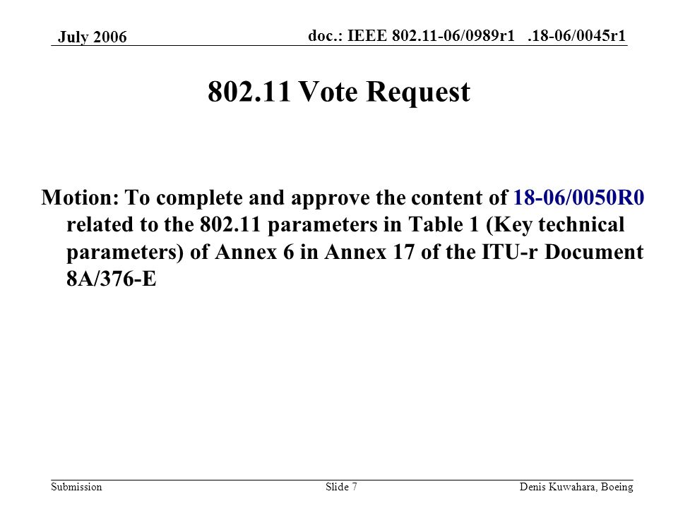 doc.: IEEE /0989r /0045r1 Submission July 2006 Denis Kuwahara, BoeingSlide Vote Request Motion: To complete and approve the content of 18-06/0050R0 related to the parameters in Table 1 (Key technical parameters) of Annex 6 in Annex 17 of the ITU-r Document 8A/376-E