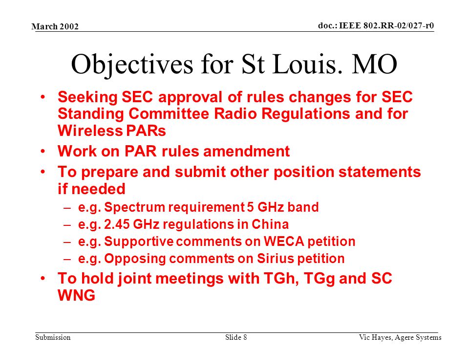doc.: IEEE 802.RR-02/027-r0 Submission March 2002 Vic Hayes, Agere SystemsSlide 8 Objectives for St Louis.