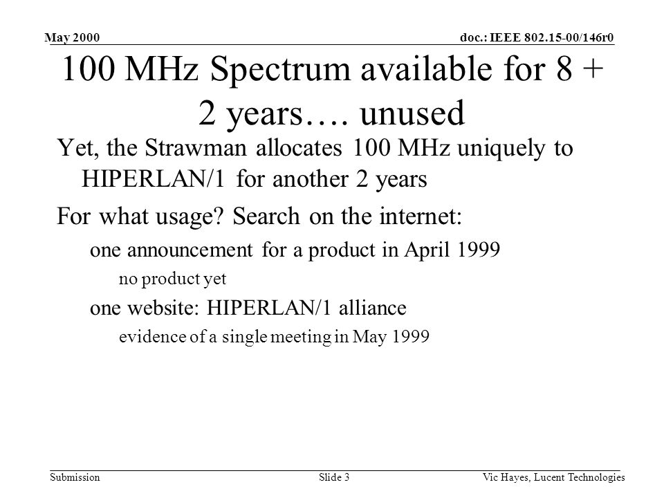 doc.: IEEE /146r0 Submission May 2000 Vic Hayes, Lucent TechnologiesSlide MHz Spectrum available for years….