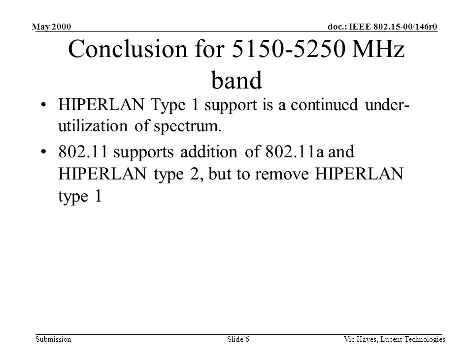 doc.: IEEE /146r0 Submission May 2000 Vic Hayes, Lucent TechnologiesSlide 6 Conclusion for MHz band HIPERLAN Type 1 support is a continued under- utilization of spectrum.