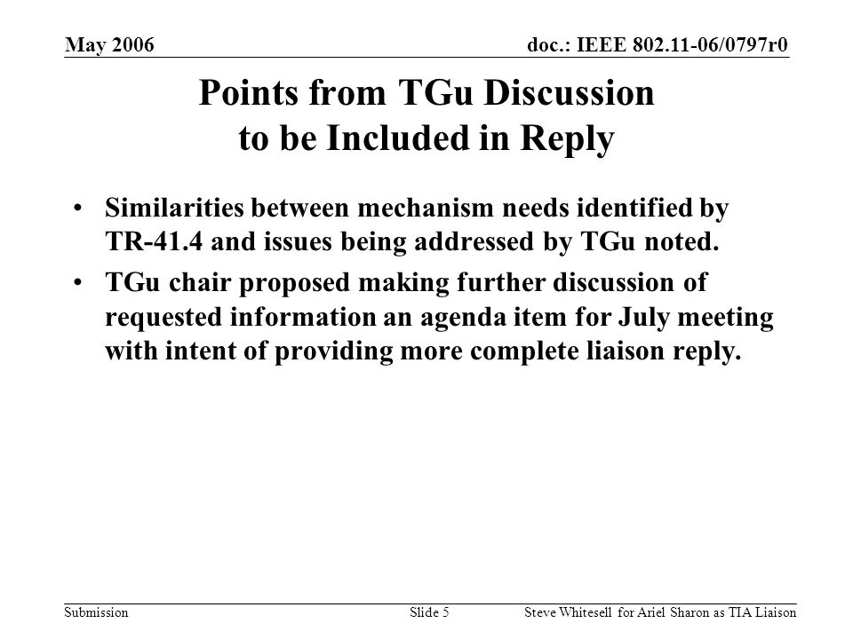doc.: IEEE /0797r0 Submission May 2006 Steve Whitesell for Ariel Sharon as TIA LiaisonSlide 5 Points from TGu Discussion to be Included in Reply Similarities between mechanism needs identified by TR-41.4 and issues being addressed by TGu noted.