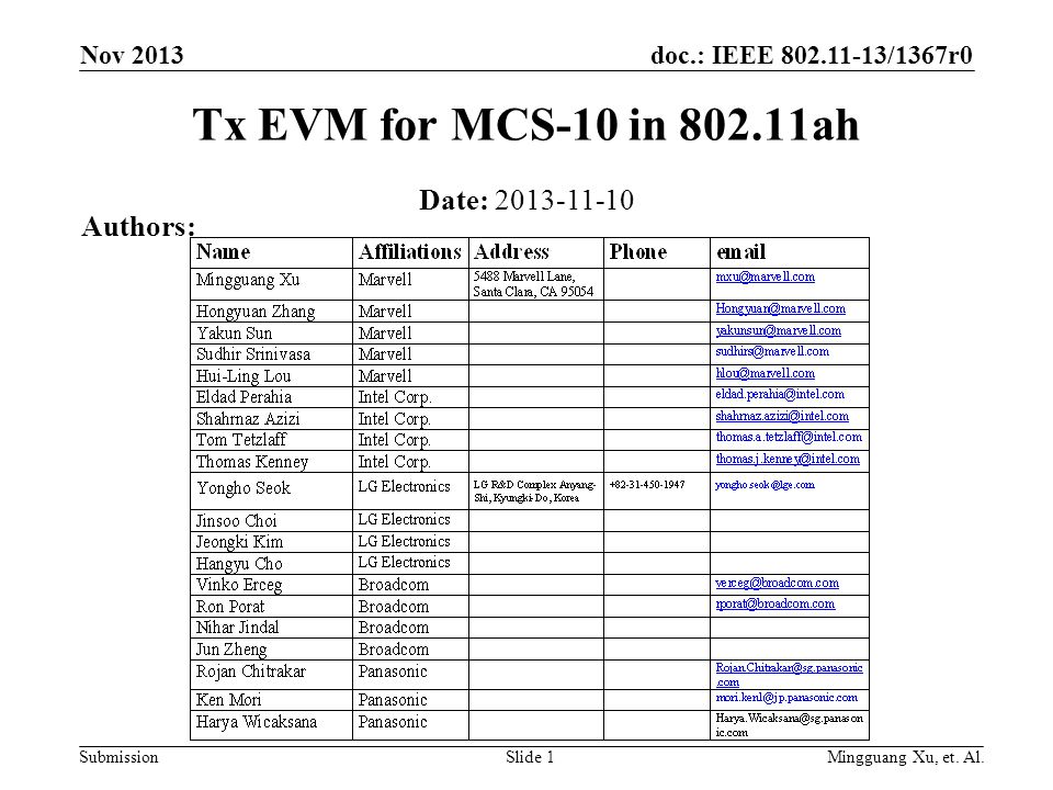 doc.: IEEE /1367r0 Submission Nov 2013 Mingguang Xu, et.