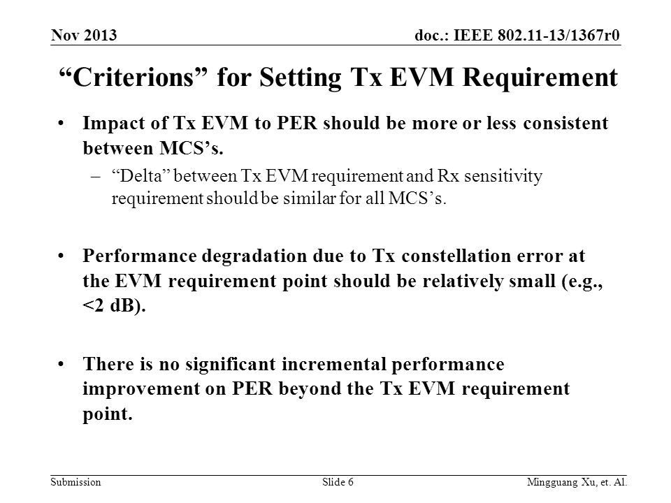 doc.: IEEE /1367r0 SubmissionSlide 6 Criterions for Setting Tx EVM Requirement Impact of Tx EVM to PER should be more or less consistent between MCS’s.