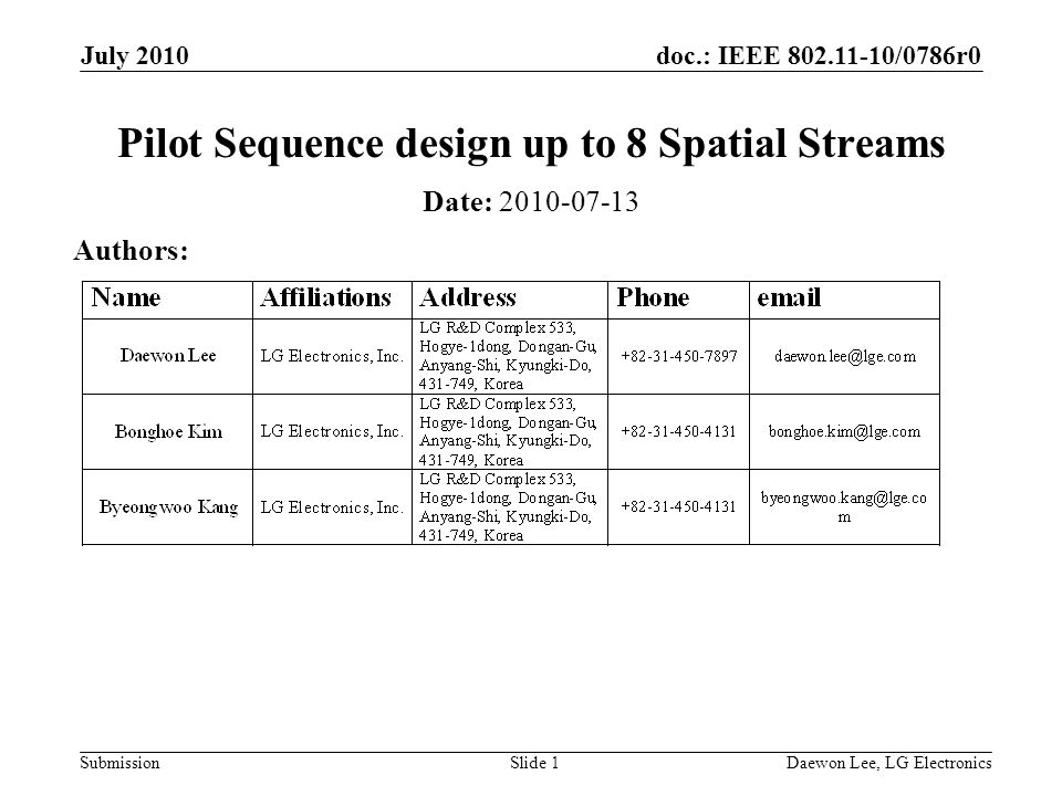 doc.: IEEE /0786r0 Submission July 2010 Daewon Lee, LG ElectronicsSlide 1 Pilot Sequence design up to 8 Spatial Streams Date: Authors: