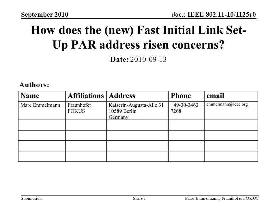 doc.: IEEE /1125r0 Submission September 2010 Marc Emmelmann, Fraunhofer FOKUSSlide 1 How does the (new) Fast Initial Link Set- Up PAR address risen concerns.