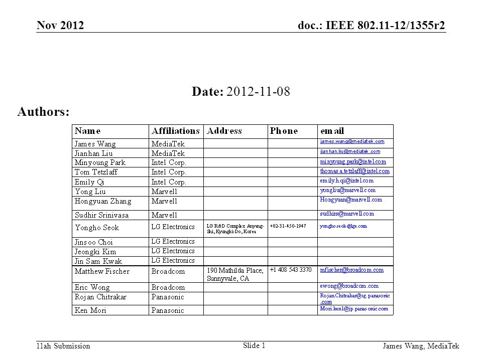doc.: IEEE /1355r2 11ah Submission Date: Authors: Nov 2012 James Wang, MediaTek Slide 1