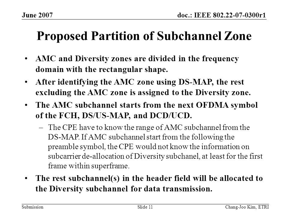 doc.: IEEE r1 Submission June 2007 Chang-Joo Kim, ETRISlide 11 Proposed Partition of Subchannel Zone AMC and Diversity zones are divided in the frequency domain with the rectangular shape.