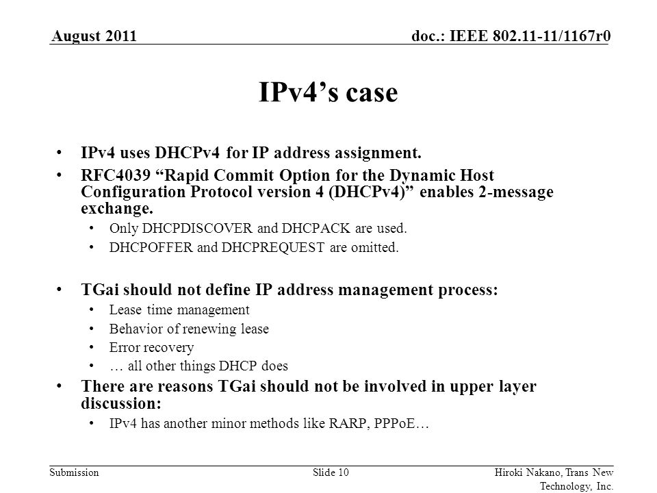 Submission doc.: IEEE /1167r0August 2011 Hiroki Nakano, Trans New Technology, Inc.