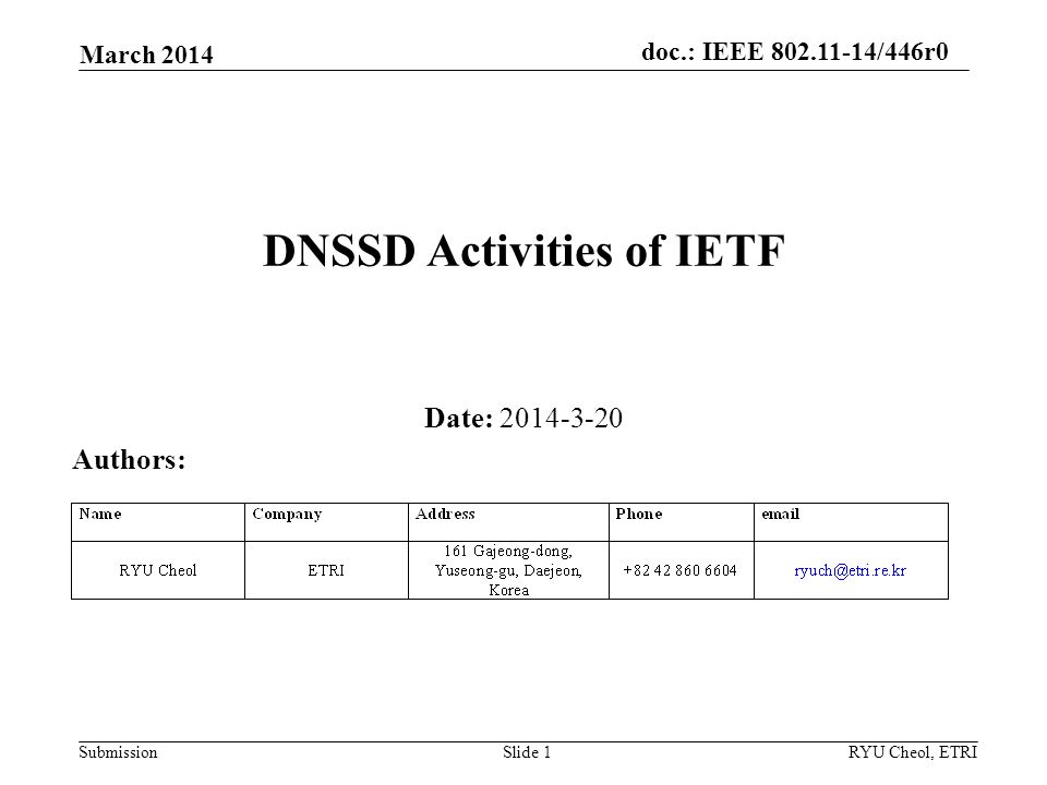 Submission doc.: IEEE /446r0 March 2014 RYU Cheol, ETRISlide 1 DNSSD Activities of IETF Date: Authors: