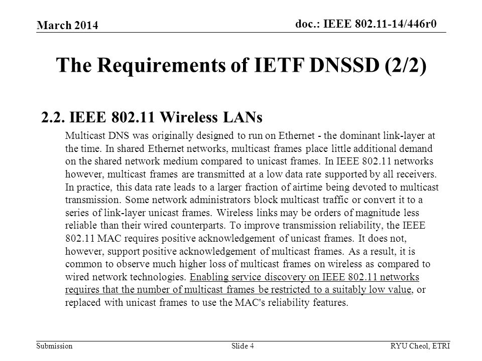 Submission doc.: IEEE /446r0 The Requirements of IETF DNSSD (2/2) March 2014 RYU Cheol, ETRISlide