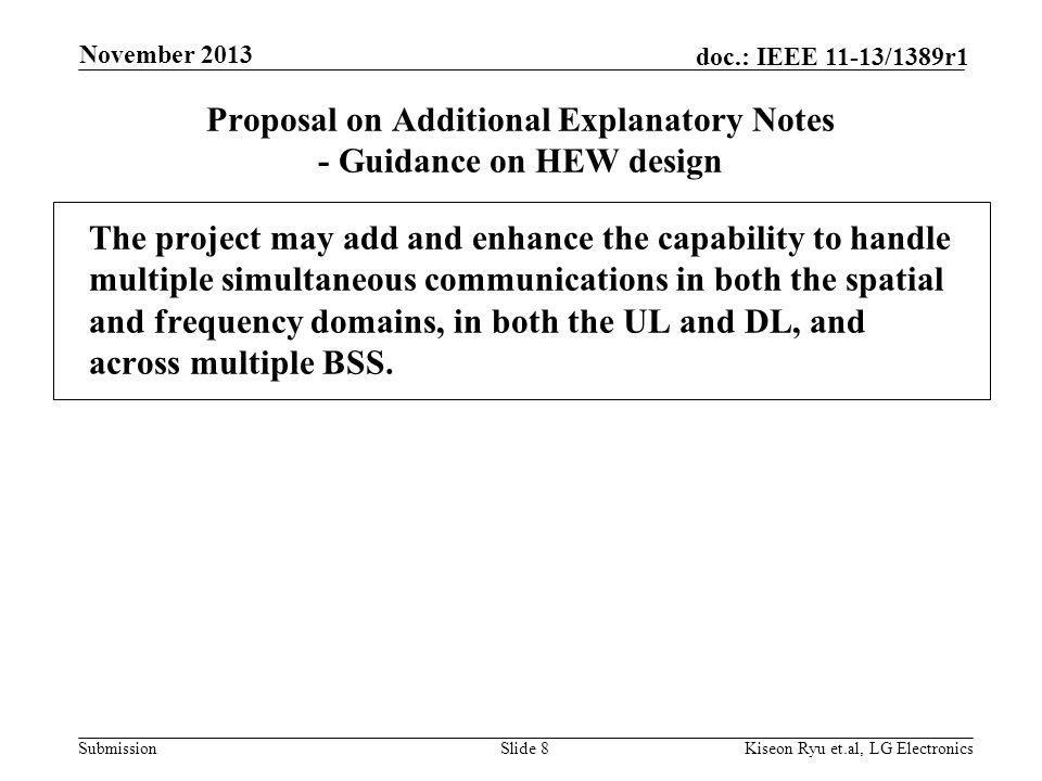 Submission doc.: IEEE 11-13/1389r1 Proposal on Additional Explanatory Notes - Guidance on HEW design The project may add and enhance the capability to handle multiple simultaneous communications in both the spatial and frequency domains, in both the UL and DL, and across multiple BSS.